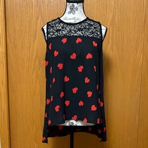 Chic Black Sleeveless Top with Lace and Red Heart Pattern